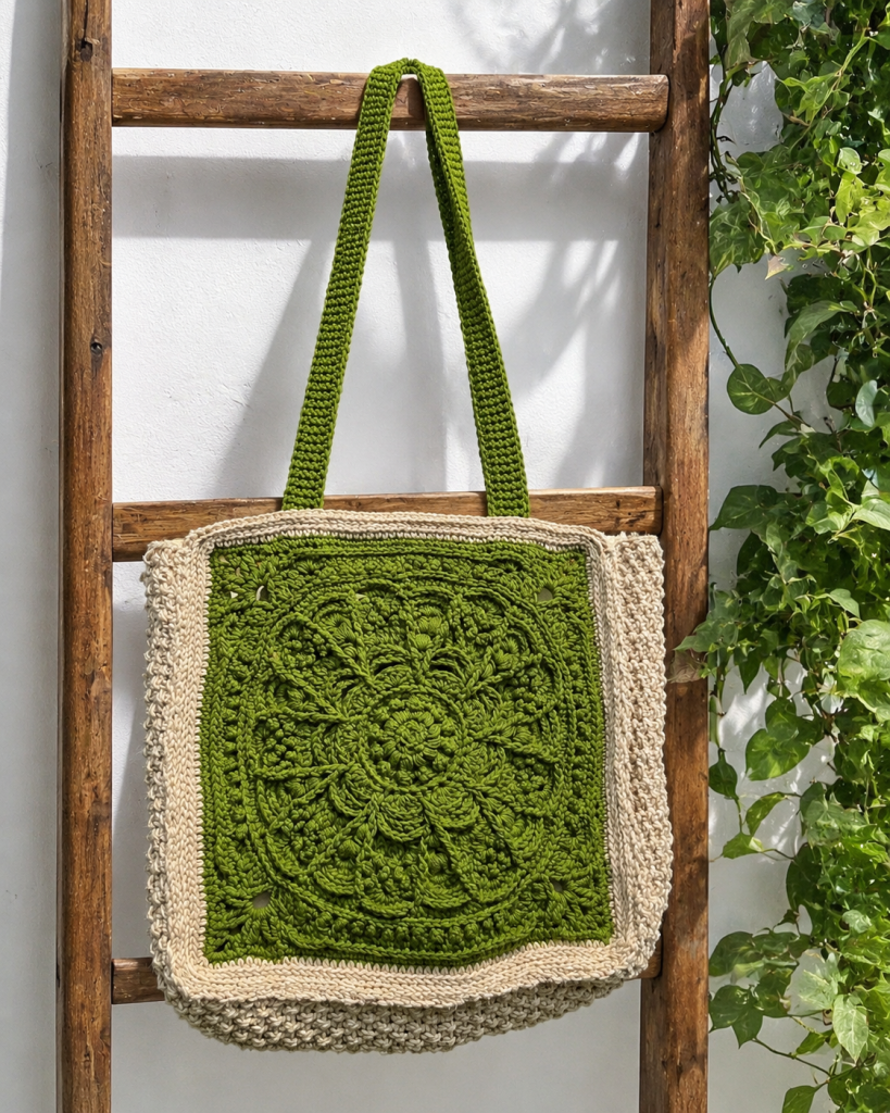 Handcrafted Crochet Konark Chakra Tote Bag made from premium cotton yarn inspired by Odisha's Konark Sun Temple Wheel.
