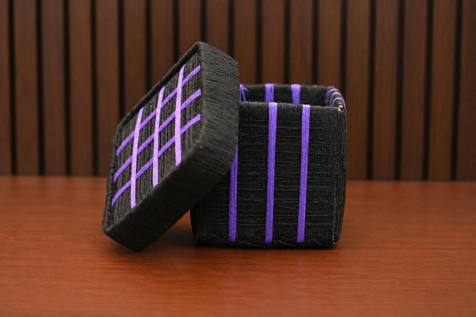 Black coir jewellery and storage box with purple woven detailing