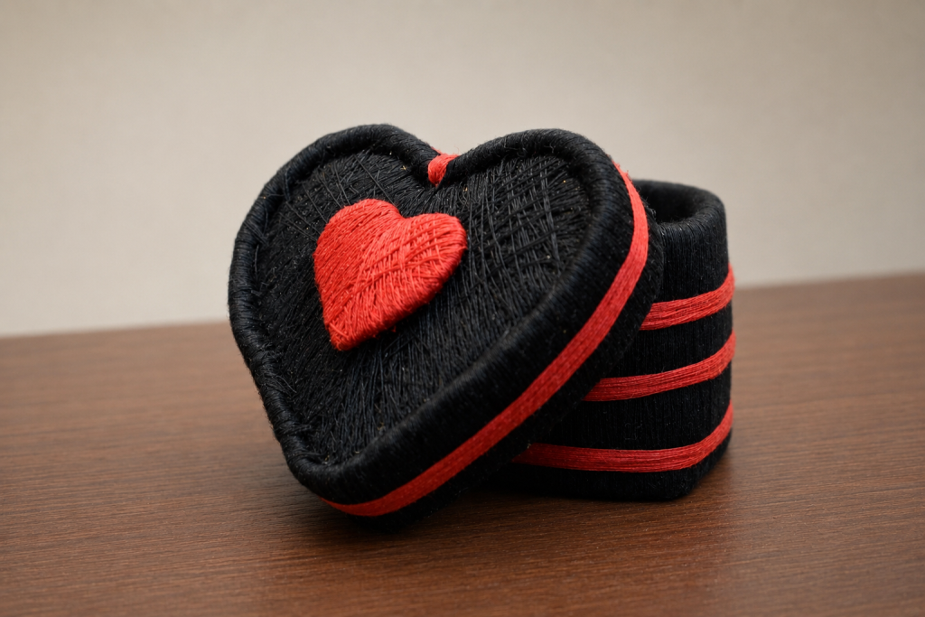 Crimson Heart Coir Jewellery Box crafted from natural coconut coir fibres with a heart-shaped lid