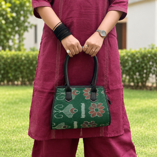 Handmade Odisha Ikat Blue handbag crafted with authentic Sambalpuri Ikat cotton fabric.