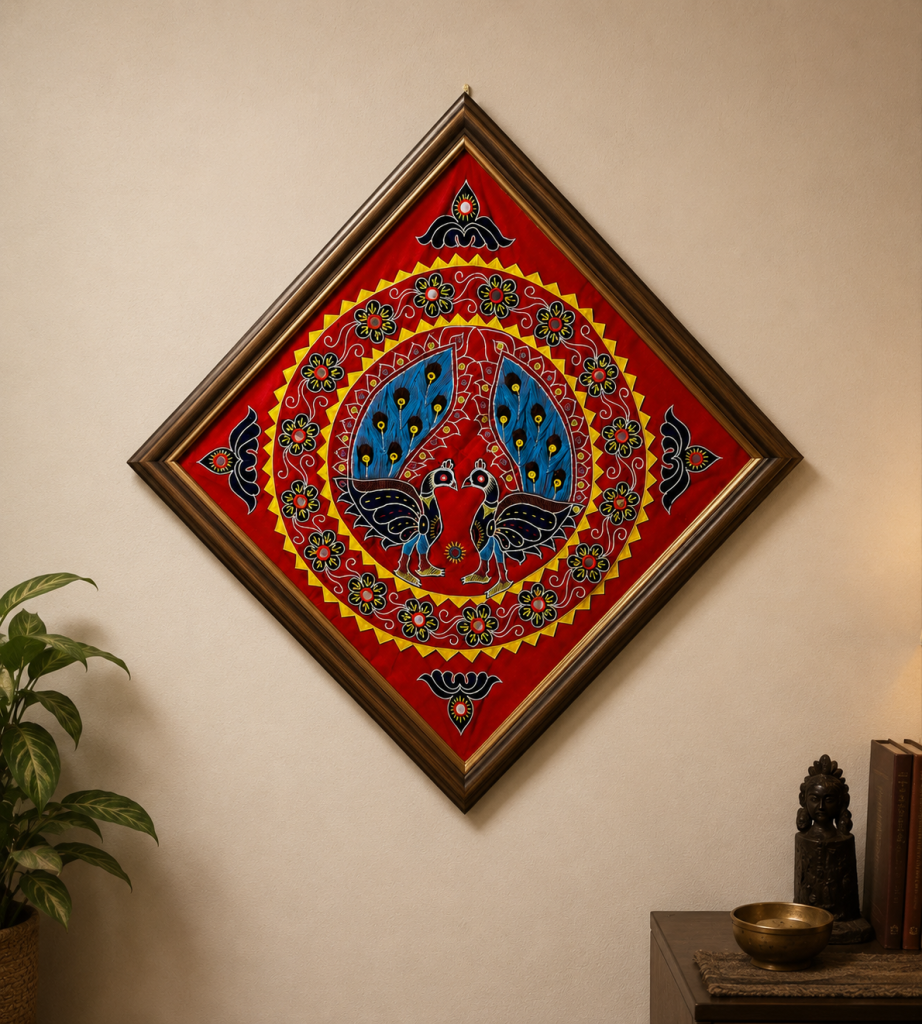 Handmade Pipili Appliqué Peacock Wall Hanging crafted using traditional Odisha appliqué techniques featuring vibrant peacock motifs and decorative floral patterns.
