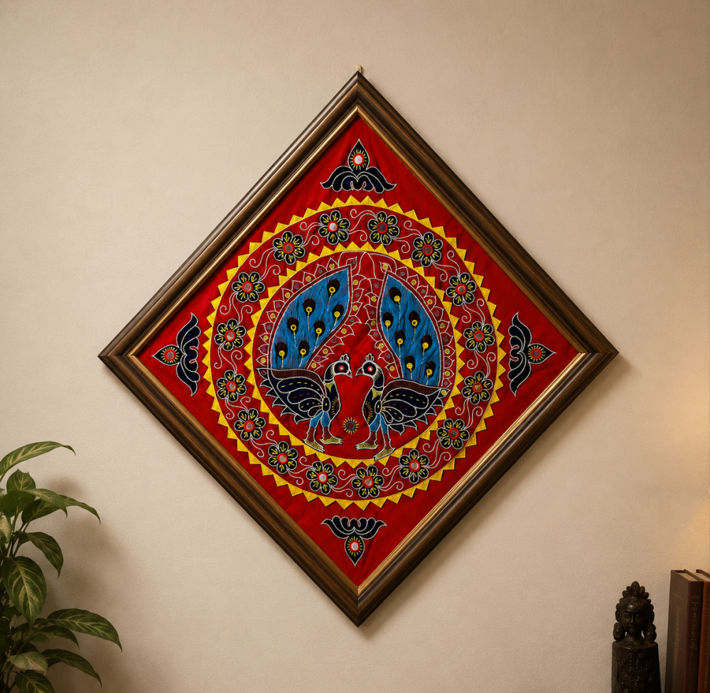 Handmade Pipili Appliqué Peacock Wall Hanging crafted using traditional Odisha appliqué techniques featuring vibrant peacock motifs and decorative floral patterns.