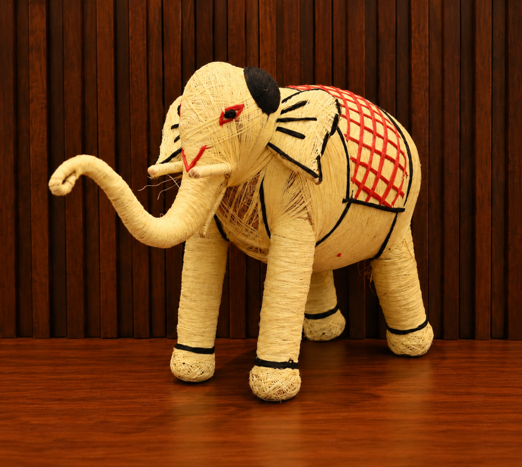 Handmade Coir Elephant crafted from natural coconut coir fibres with traditional decorative detailin