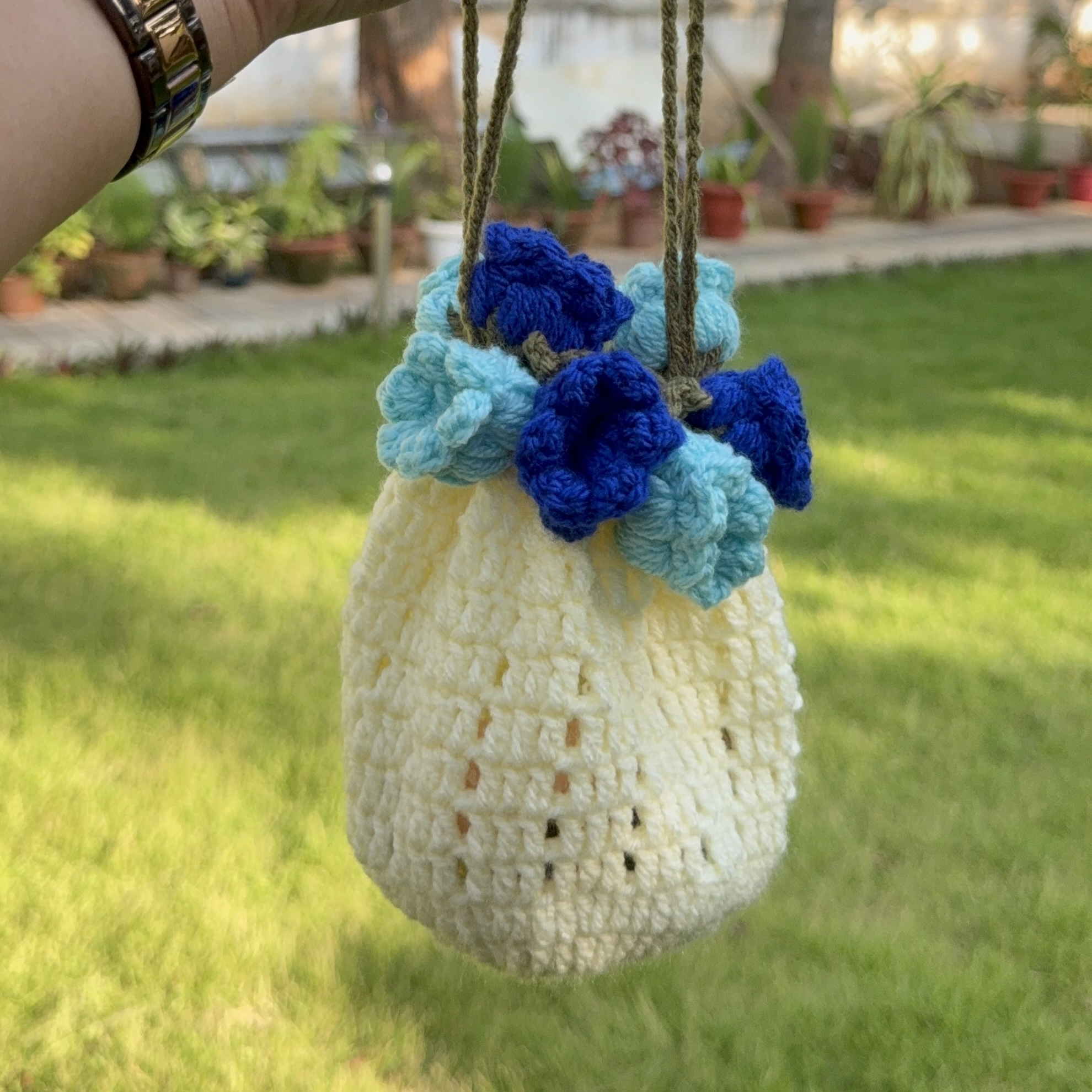 Crochet Blue Flowers Potli Bag