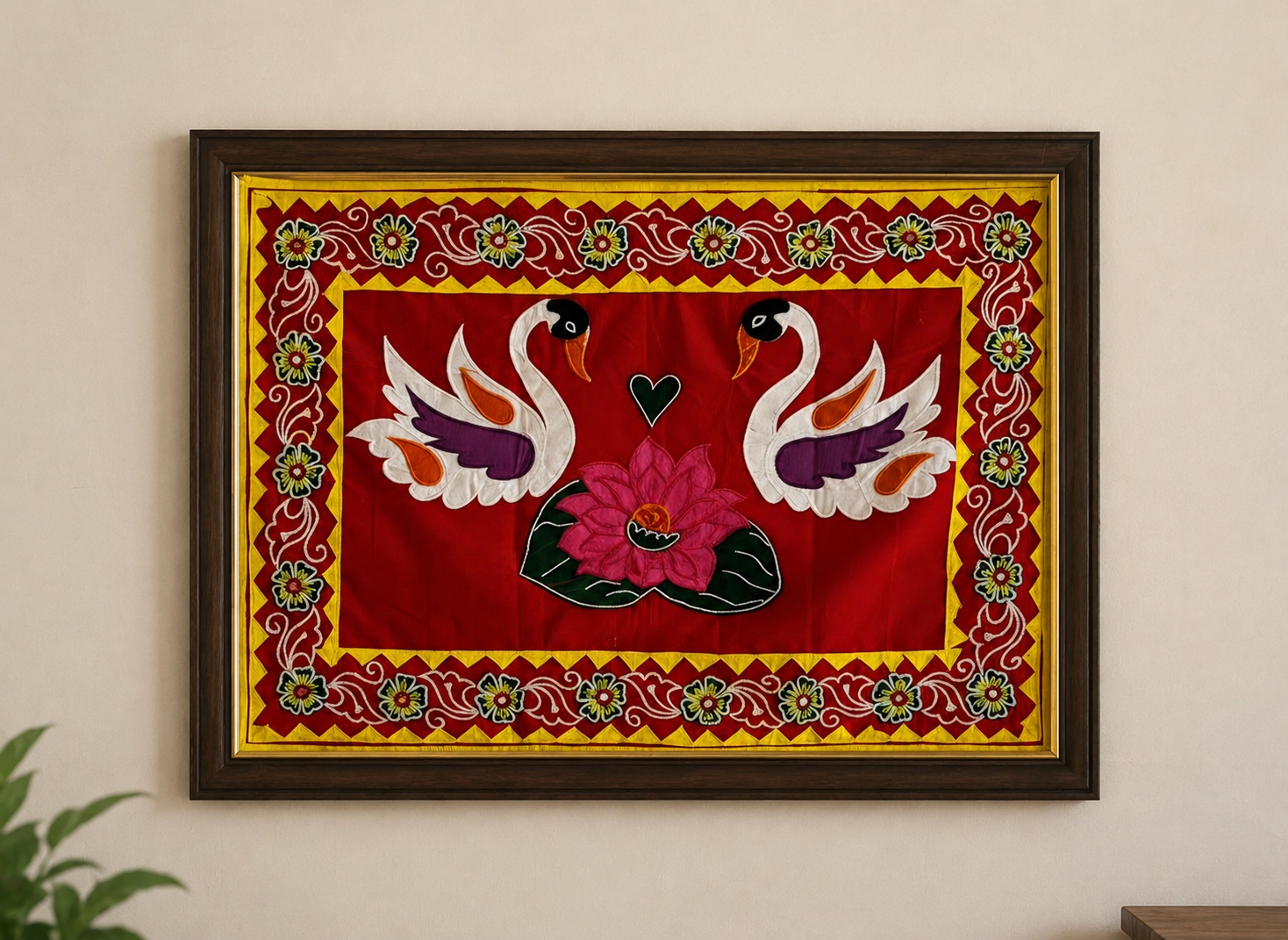 Handmade Pipili Appliqué Swans and Lotus Wall Hanging crafted using traditional Odisha appliqué techniques with elegant swan and lotus motifs.