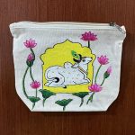 Hand-Painted Pichwai Bull & Lotus Canvas Pouch featuring a traditional bull and lotus on natural cotton canvas.