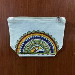 Hand-painted cotton canvas zipper pouch featuring a mandala-inspired fish motif with colourful concentric decorative patterns.