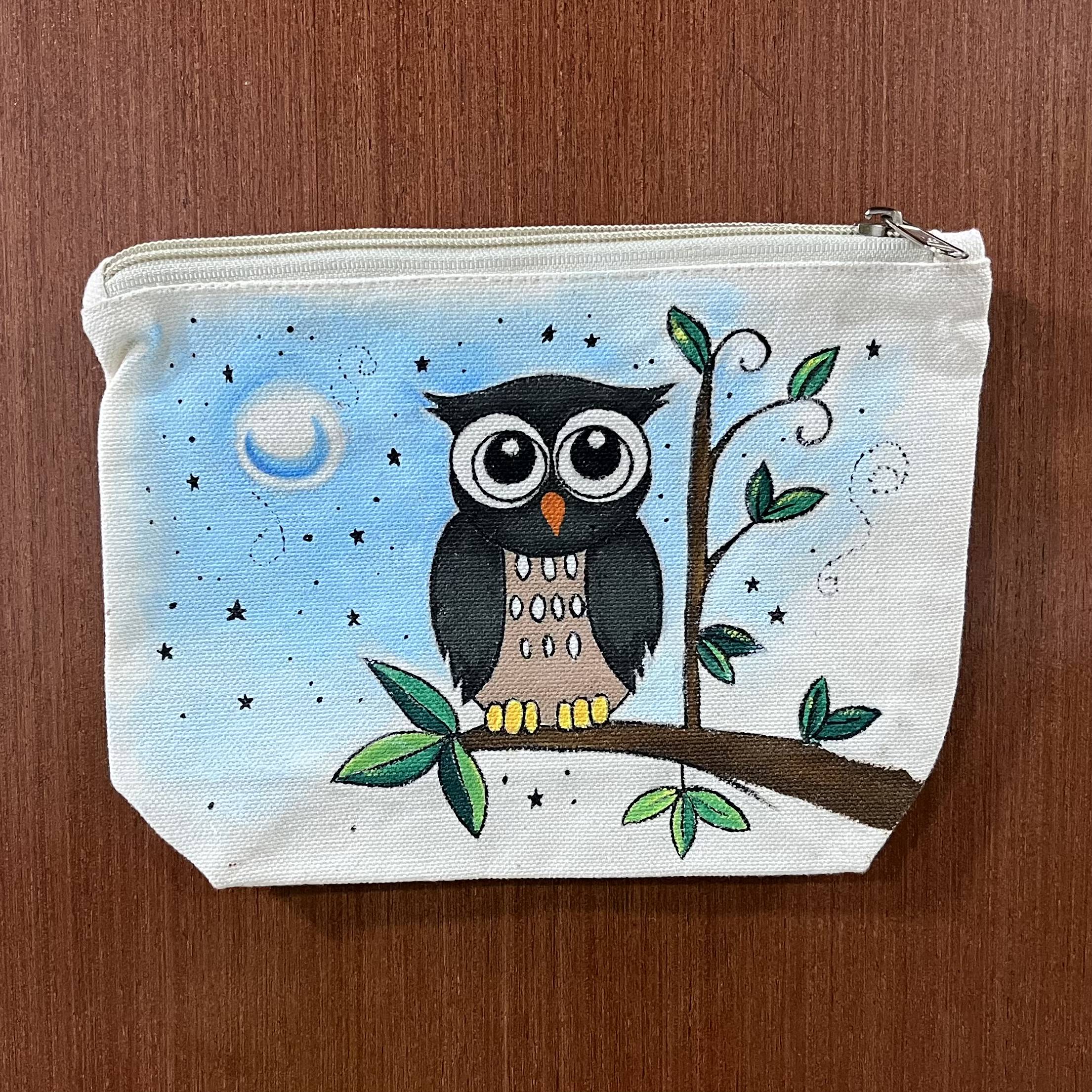 Hand-Painted Owl Canvas Pouch featuring a cute owl perched on a tree branch under a moonlit sky