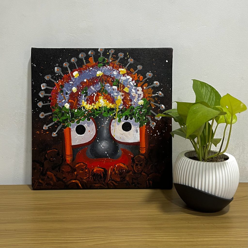 Hand-painted Lord Jagannath Pahandi canvas painting depicting the sacred Rath Yatra procession with vibrant floral decorations and devotees.