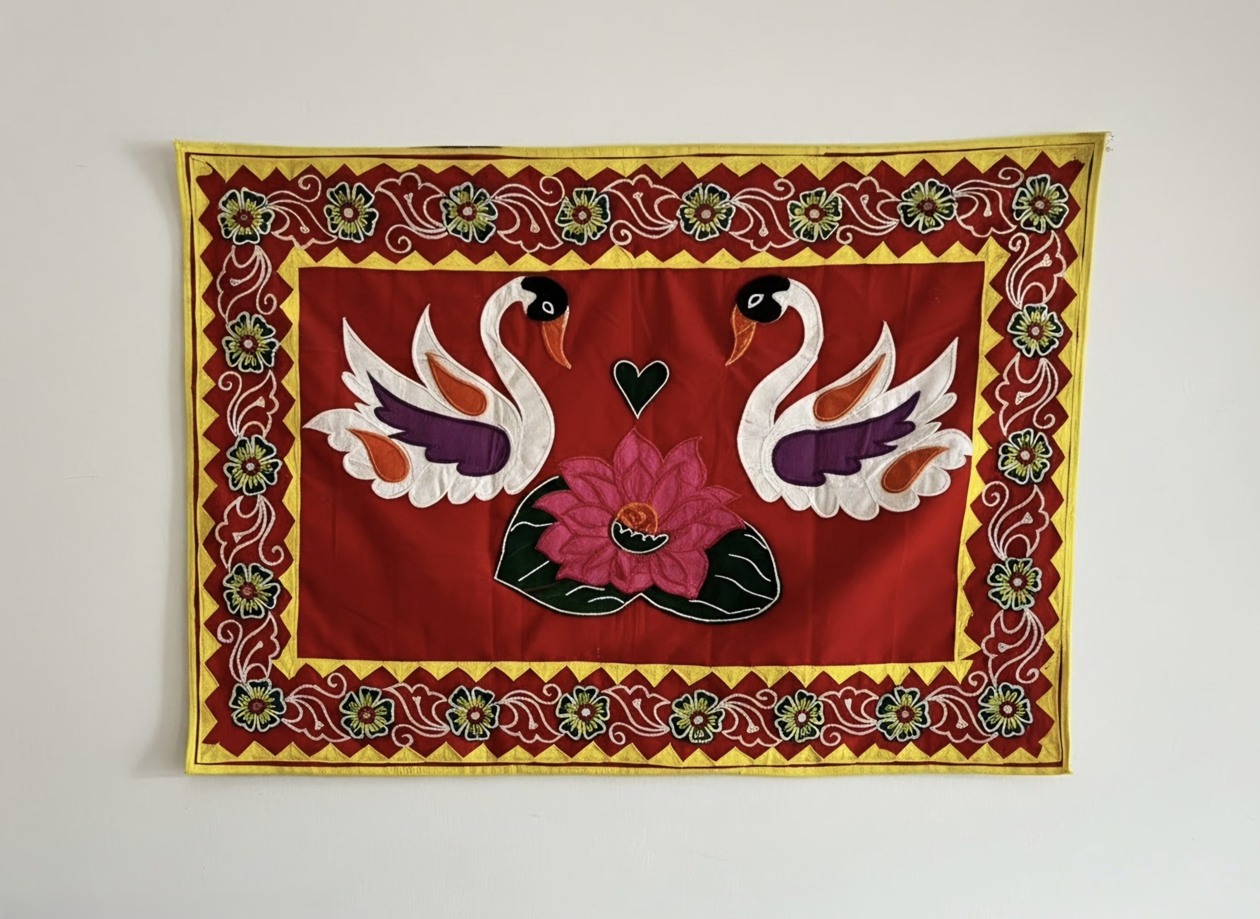 Handmade Odisha Traditional Pipili Applique Wall Hanging - Swans and lotus