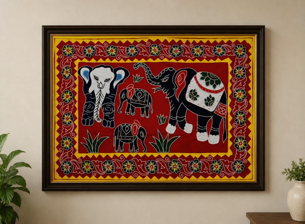 Handcrafted Pipili Appliqué Elephant Family Wall Hanging from Odisha