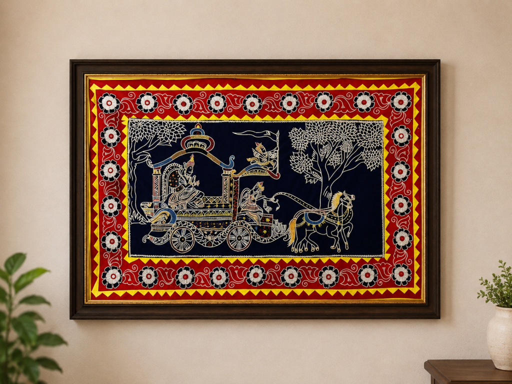Handcrafted Pipili Appliqué Kurukshetra Wall Hanging depicting Lord Krishna and Arjuna's chariot