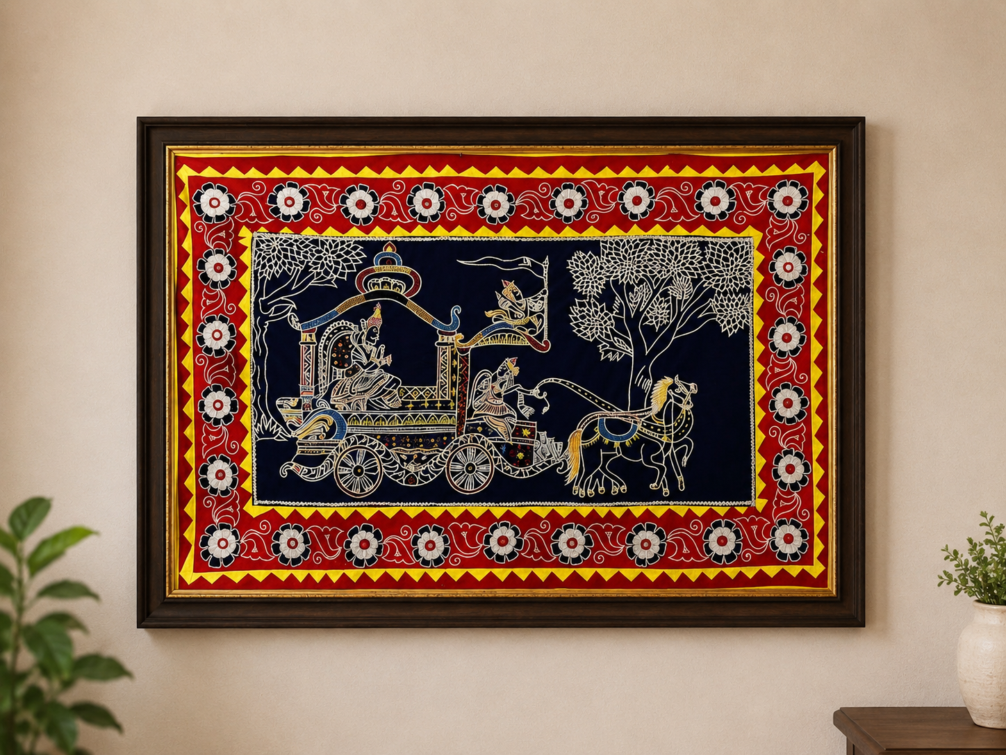 Handcrafted Pipili Appliqué Kurukshetra Wall Hanging depicting Lord Krishna and Arjuna's chariot